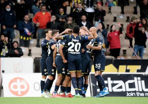 Players of Fenerbahce celebrate their first goal by Enner Valencia during the football UEFA Europa League play-off match between HJK and Fenerbahce in Helsinki, Finland on August 26, 2021. Helsinki Finland LKFTVX20210826191247OKAL  Copyright: xMikkoxStigx