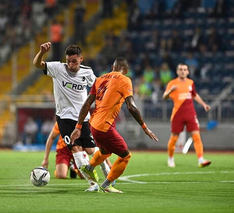 Patrick van Aanholt of Galatasaray and Vito Hammershoj-Mistrati (20) of Randers FC during the UEFA Europa League Play off second leg match between Galatasaray and Randers FC at Kasimpasa Recep Tayyip Erdogan Stadium in Istanbul , Turkey on August 26 , 2021. 