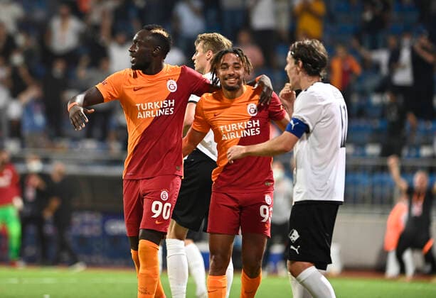 Mbaye Diagne and Sacha Boey of Galatasaray during the UEFA Europa League Play off second leg match between Galatasaray and Randers FC at Kasimpasa Recep Tayyip Erdogan Stadium in Istanbul , Turkey on August 26 , 2021. 