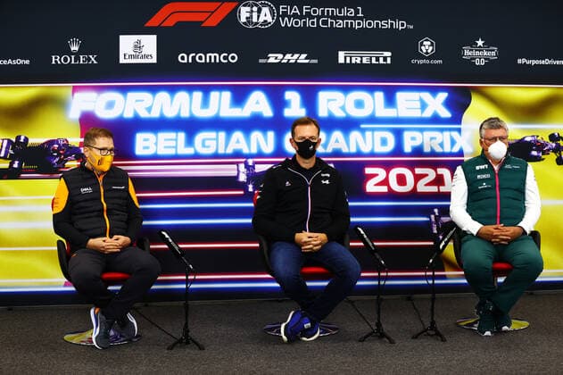 F1 Grand Prix of Belgium Andreas Seidl (GER, McLaren F1 Team), Laurent Rossi (FRA, CEO of Alpine), Otmar Szafnauer (ROU, Aston Martin Cognizant F1 Team), F1 Grand Prix of Belgium at Circuit de Spa-Francorchamps on August 27, 2021 in Spa-Francorchamps, Belgium. (Photo by Dan Istitene Getty Images FIA Pool via HOCH ZWEI) Spa-Francorchamps Circuit de Spa-Francorchamps Belgium Poolfoto HOCH ZWEI Pool Getty Images ,EDITORIAL USE ONLY