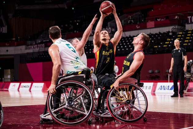 Tokyo 2020 Paralympic Games Wheelchair Basketball , 28 08 2021 TOKYO, JAPAN 28 August Wheelchair Basketball, Australia vs Germany Men, on Day 4 of the Tokyo 2020 Paralympic Games at Ariake Arena on 28 08 2021 in Tokyo Japan Shaun Norris 7, Australia , Aliaksandr Halouski 14, Germany , Jens Albrecht 12, Germany Copyright: xBEAUTIFULxSPORTS Wunderlx