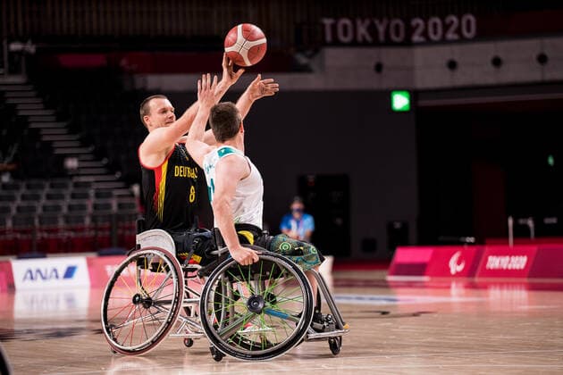 Tokyo 2020 Paralympic Games Wheelchair Basketball , 28 08 2021 TOKYO, JAPAN 28 August Wheelchair Basketball, Australia vs Germany Men, on Day 4 of the Tokyo 2020 Paralympic Games at Ariake Arena on 28 08 2021 in Tokyo Japan Andre Bienek 8, Germany , John McPhail 33, Australia Copyright: xBEAUTIFULxSPORTS Wunderlx