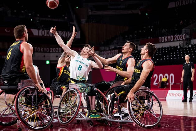 Tokyo 2020 Paralympic Games Wheelchair Basketball , 28 08 2021 TOKYO, JAPAN 28 August Wheelchair Basketball, Australia vs Germany Men, on Day 4 of the Tokyo 2020 Paralympic Games at Ariake Arena on 28 08 2021 in Tokyo Japan Christopher Huber 7, Germany , Kim Robins 8, Australia , Aliaksandr Halouski 14, Germany , Nico Dreimueller 5, Germany Copyright: xBEAUTIFULxSPORTS Wunderlx