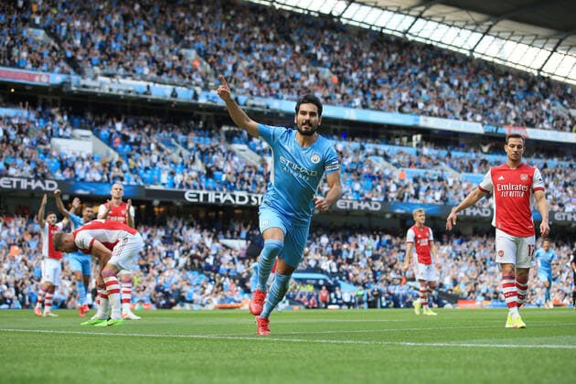 Fußball Premier League Manchester City gegen Arsenal 28. August 2021 Premier League Manchester City gegen Arsenal Ilkay Gundogan von Manchester City jubelt nach seinem ersten Tor Foto Simon Stacpoole Abseits Manchester UK  Copyright: xSimonxStacpoolexOffside