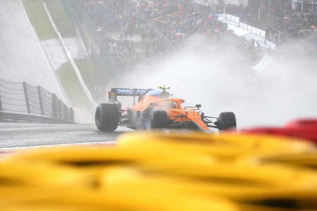 McLaren s British driver Lando Norris makes a crash in his car in the Raidillon at the qualifications for tomorrow Spa-Francorchamps Formula One Grand Prix of Belgium race, in Spa-Francorchamps, Saturday 28 August 2021. BENOITxDOPPAGNE  x3075477x