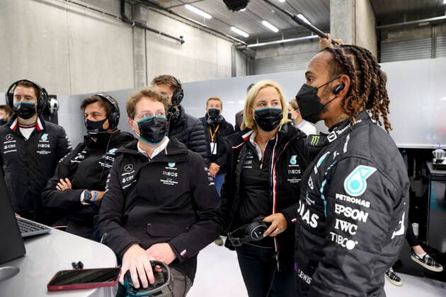 Toto Wolff AUT, Mercedes AMG Petronas F1 Team , Ola Källenius SWE, Chairman of the Board of Management of Daimler AG , Britta Seeger GER, Member of the Board of Management of Daimler AG , 44 Lewis Hamilton GBR, Mercedes AMG Petronas F1 Team , F1 Grand Prix of Belgium at Circuit de Spa Francorchamps on August 28, 2021 in Spa Francorchamps, Belgium Photo by HOCH ZWEI Spa Francorchamps Belgium