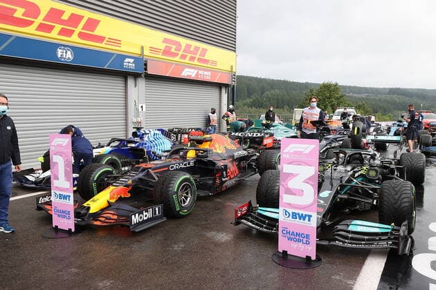FORMULA 1 ROLEX BELGIAN GRAND PRIX 2021 28 08 2021, Circuit de Spa Francorchamps, Spa Franchorchamps, FORMULA 1 ROLEX BELGIAN GRAND PRIX 2021 , in the picture pole position for Max Verstappen NEL 33 , Red Bull Racing Honda, 2 grid position for George Russel GBR 63 , Williams Racing, 3 grid position for Lewis Hamilton GBR 44 , Mercedes AMG Petronas Formula One Team nordphotoxGmbHx xBratic nph00250