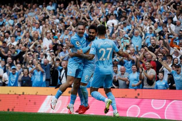Manchester, England, 28th August 2021. Ilkay Gundogan of Manchester City celebrates scoring their first goal with Jack Grealish during the Premier League match at the Etihad Stadium, Manchester. Picture credit should read: Darren Staples Sportimage EDITORIAL USE ONLY. No use with unauthorised audio, video, data, fixture lists, club league logos or live services. Online in-match use limited to 120 images, no video emulation. No use in betting, games or single club league player publications. SPI-1157-0055