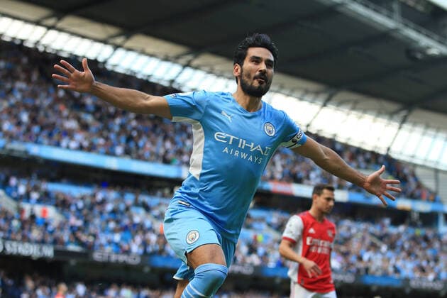 Fußball Premier League Manchester City gegen Arsenal 28. August 2021 Premier League Manchester City gegen Arsenal Ilkay Gundogan von Manchester City jubelt nach seinem ersten Tor Foto Simon Stacpoole Abseits Manchester UK  Copyright: xSimonxStacpoolexOffside