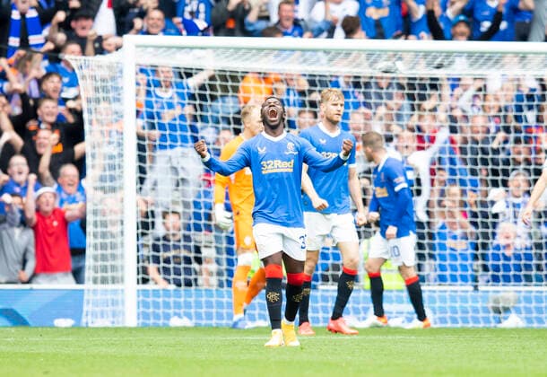 Football - 2021 2022 Scottish Premier League - Glasgow Rangers vs Celtic - Ibrox Stadium - Sunday 29th August 2021 Fashion Sakala of Rangers reacts at the full time whistle 