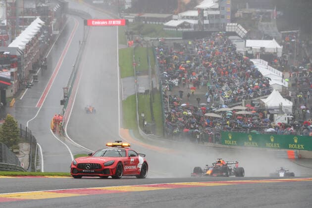 Illustration picture shows the safety car, as it rains at the start of the Spa-Francorchamps Formula One Grand Prix of Belgium race, the 12 GP (out of 23) of the World Championship, WM, Weltmeisterschaft in Spa-Francorchamps, Sunday 29 August 2021. BENOITxDOPPAGNE  x3076668x