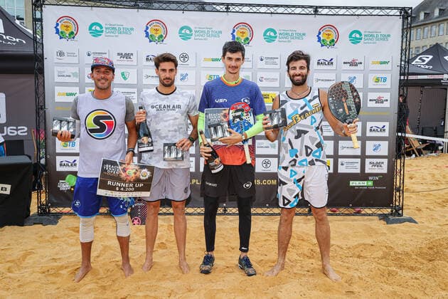 Finalists 2021 runners-up GARAVINI, Marco ITA and IRIGARAY, Theo FRA , winners 2021 BURMAKIN, Nikita RUS and GIOVANNINI, Tommaso ITA , ITF Beach Tennis World Tour Sand Series Saarlouis 2021, Saarlouis, Kleiner Markt, 29 08 2021,