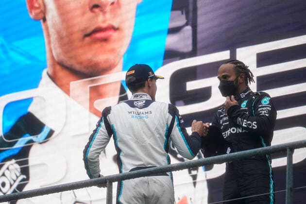 August 29, 2021, Francorchamps, Belgium: GEORGE RUSSEL of Great Britain and Williams Racing and LEWIS HAMILTON of Great Britain and Mercedes-AMG F1 Team on the podium after the suspended 2021 FIA Formula 1 Belgian Grand Prix at Circuit de Spa-Francorchamps in Francorchamps, Belgium. Francorchamps Belgium - ZUMAg147 20210829_zap_g147_064 Copyright: xJamesxGasperottix