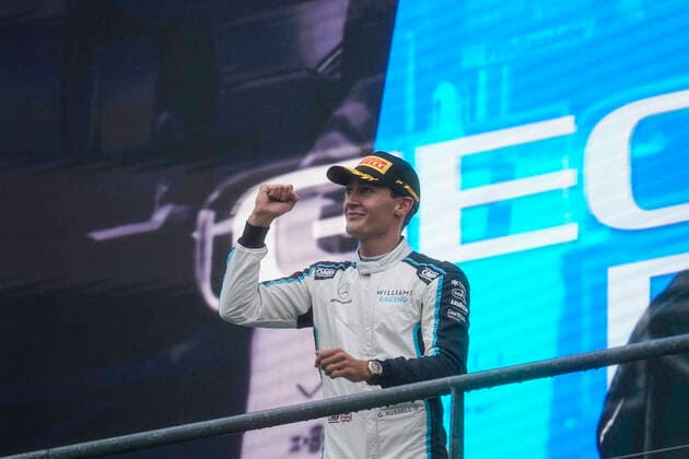 August 29, 2021, Francorchamps, Belgium: GEORGE RUSSEL of Great Britain and Williams Racing on the podium after finishing second in the suspended 2021 FIA Formula 1 Belgian Grand Prix at Circuit de Spa-Francorchamps in Francorchamps, Belgium. Francorchamps Belgium - ZUMAg147 20210829_zap_g147_065 Copyright: xJamesxGasperottix