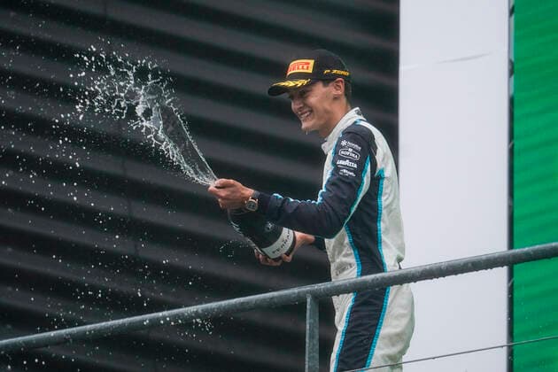 August 29, 2021, Francorchamps, Belgium: GEORGE RUSSEL of Great Britain and Williams Racing on the podium after finishing second in the suspended 2021 FIA Formula 1 Belgian Grand Prix at Circuit de Spa-Francorchamps in Francorchamps, Belgium. Francorchamps Belgium - ZUMAg147 20210829_zap_g147_073 Copyright: xJamesxGasperottix