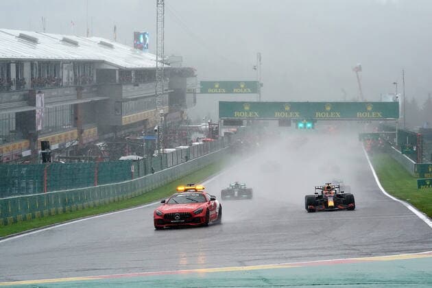 FORMULA 1 ROLEX BELGIAN GRAND PRIX 2021 29 08 2021, Circuit de Spa Francorchamps, Spa Francorchamps, FORMULA 1 ROLEX BELGIAN GRAND PRIX 2021 , in picture Safety Car, Winner Max Verstappen NEL 33 , Red Bull Racing Honda, 2nd place for George Russel GBR 63 , Williams Racing, 3rd place for Lewis Hamilton GBR 44 , Mercedes AMG Petronas Formula One Team nordphotoxGmbHx xBratic nph00250