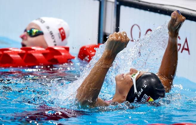 2020 Tokyo Paralympic Games Monday - Swimming, Tokyo Aquatic Centre, Tokyo, Japan 30 8 2021 Women™s S5 Final 50m Backstroke Spain™s Teresa Perales celebrates winning silver Teresa Perales celebrates winning silver 30 8 2021  Copyright: x INPHO TommyxDicksonx B48I4225