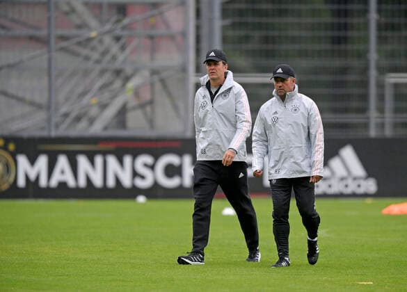 30 08 2021, Football World Cup Qualification 2021 22 Group J, First training of national coach Hans Flick in the Kickers training center Stuttgart, before the DFB international match Liechtenstein Germany in St Gallen from left manager Oliver Bierhoff Germany and national coach Hans Flick Germany