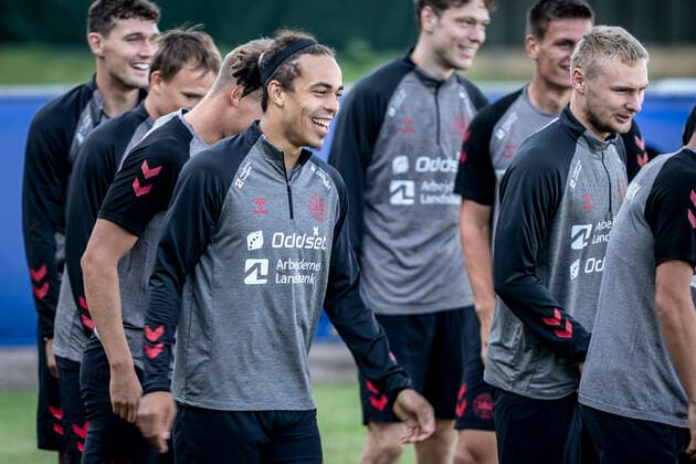 Yussuf Yurary Poulsen and Victor Nelsson during the national teams training before the World Cup qualifier against Scotland, Helsingoer, Tuesday 31 August 2021, Elsinore Denmark  Copyright: RitzauxScanpix MadsxClausxRasmussenx COP104 spdk20210831-170112-L