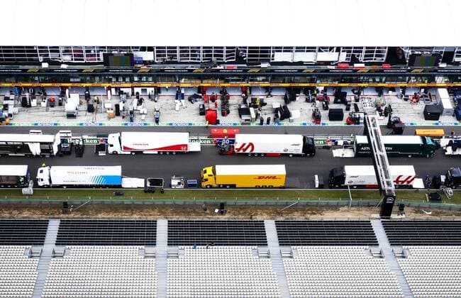 ZANDVOORT Drone photo of Formula 1 teams building their garages in the pit lane at Circuit Zandvoort, where a Formula 1 race will be held for the first time in 36 years REMKO DE WAAL xVIxANPxSportx xxANPxIVx 436575991