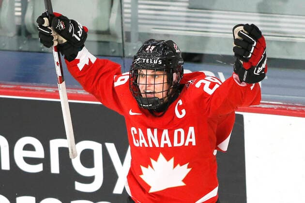 Overtime goal scorer and Canada captain, Marie-Philip Poulin celebrates her overtime winning goal against the USA after IIHF Women s World Championship, WM, Weltmeisterschaft gold medal play in Calgary, Alberta, Canada on Aug. 31, 2021. digital photo by Larry MacDougal Marie-Philip Poulin