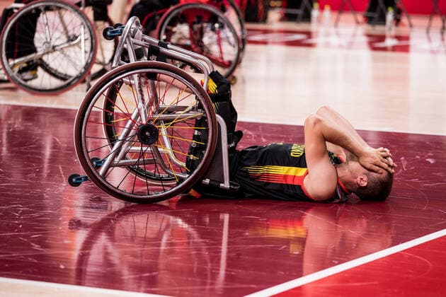 Tokyo 2020 Paralympic Games Wheelchair Basketball , 01 09 2021 TOKYO, JAPAN 01 September Wheelchair basketball, quarterfinal Spain vs Germany men, on day 8 of the Tokyo 2020 Paralympic Games at Ariake Arena on 01 09 2021 in Tokyo Japan Thomas Boehme 13, Germany lies on the floor after losing Copyright: xBEAUTIFULxSPORTS Wunderlx
