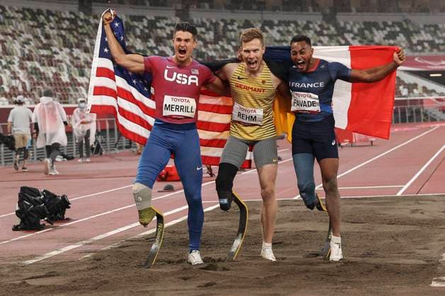 Tokyo 2020 Paralympic Games Athletics , 01 09 21 TOKYO, JAPAN 01 September GOLD Markus Rehm GER TSV Bayer 04 Leverkusen T64 , SILVER Dimitri Pavade FRAL , BRONZE Trenten Merill USA on Day 8 of the Tokyo 2020 Paralympic Games Athletics at Olympic Stadium on 01 09 2021 in Tokyo Japan Copyright: xBEAUTIFULxSPORTS AxelxKohringx