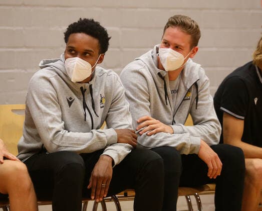 BAU 01 09 2021 Ludwigsburg Basketball MHP Riesen Ludwigsburg vs Wiha Panthers Schwenningen, f l James Woddard and David Walker MHP with mask on the bench