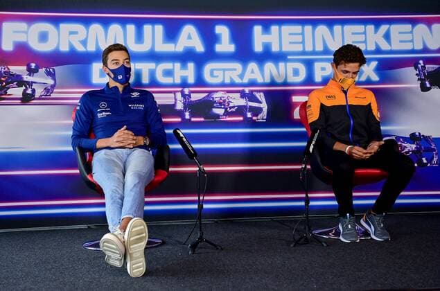 F1 Grand Prix of the Netherlands 63 George Russell (GBR, Williams Racing), 4 Lando Norris (GBR, McLaren F1 Team), F1 Grand Prix of the Netherlands at Circuit Zandvoort on September 2, 2021 in Zandvoort, Netherlands. (Photo by ANDREJ ISAKOVIC AFP FIA Pool via HOCH ZWEI) Zandvoort Netherlands Poolfoto HOCH ZWEI Pool AFP ,EDITORIAL USE ONLY