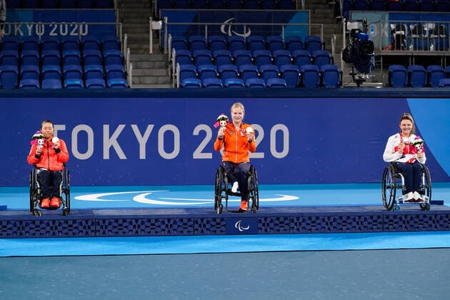 (L-R) Yui Kamiji (JPN), Diede De Groot (NED), Jordanne Whiley (GBR), SEPTEMBER 3, 2021-Wheelchair Tennis : Women s Singles Medal Ceremony at the Ariake Tennis Park during Tokyo 2020 Paralympic Games in Tokyo, Japan. Noxthirdxpartyxsales  (168506784)