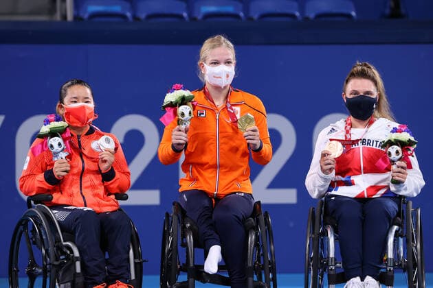 (L-R) Yui Kamiji (JPN), Diede De Groot (NED),Jordanne Whiley (GBR), SEPTEMBER 3, 2021 - Wheelchair Tennis : Women s Singles Medal Ceremony during the Tokyo 2020 Paralympic Games at the Ariake Tennis Park in Tokyo, Japan. Noxthirdxpartyxsales  (168500772)