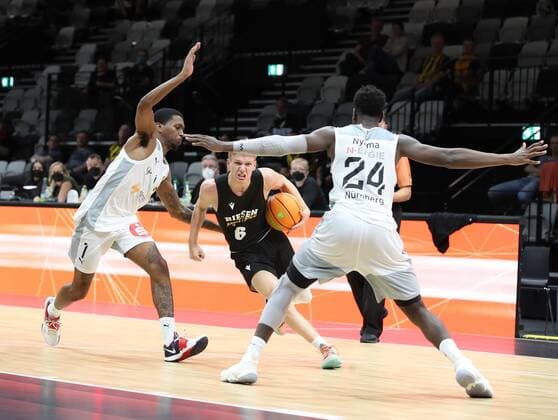 04 09 2021 Basketball Season 2021 2022 EMS Cup Preliminary Round Nürnberg Falcons Basketball Club NBC MHP RIESEN Ludwigsburg DaMa Dupree Mc Brayer 1, Nürnberg Falcons BC NBC Johannes Patrick 6, MHP Riesen Ludwigsburg Roland L Amour Nyama 24, Nürnberg Falcons BC NBC