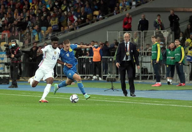 KYIV, UKRAINE - SEPTEMBER 4, 2021 - Midfielder Aurelien Tchouameni (L) of France is seen in action with defender Vitaliy Mykolenko of Ukraine during the FIFA World Cup, WM, Weltmeisterschaft, Fussball Qatar 2022 Qualification Round UEFA Group D match at the NSC Olimpiyskiy, Kyiv, capital of Ukraine. Ukraine vs France in European Qualifiers match in Kyiv  Copyright: xHennadiixMinchenkox