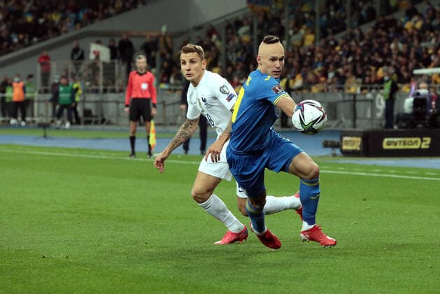 KYIV, UKRAINE - SEPTEMBER 4, 2021 - Defender Lucas Digne (L) of France and defender Oleksandr Tymchyk of Ukraine are seen in action during the FIFA World Cup, WM, Weltmeisterschaft, Fussball Qatar 2022 Qualification Round UEFA Group D match at the NSC Olimpiyskiy, Kyiv, capital of Ukraine. Ukraine vs France in European Qualifiers match in Kyiv  Copyright: xHennadiixMinchenkox