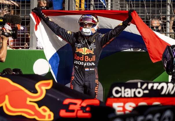ZANDVOORT Formula 1 driver Max Verstappen cheers after winning the Dutch Grand Prix at the Zandvoort circuit REMKO DE WAAL Grand Prix xVIxANPxSportx xxANPxIVx 436908203