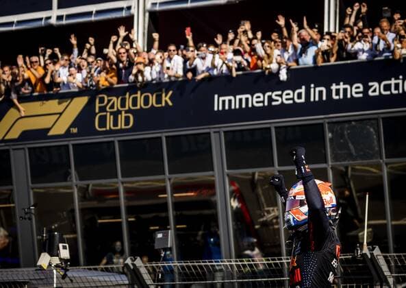 ZANDVOORT Formula 1 driver Max Verstappen cheers after winning the Dutch Grand Prix at the Zandvoort circuit REMKO DE WAAL Grand Prix xVIxANPxSportx xxANPxIVx 436908787