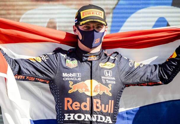 ZANDVOORT Max Verstappen Red Bull Racing celebrates winning the Dutch Grand Prix at the Zandvoort circuit KOEN VAN WEEL Grand Prix xVIxANPxSportx xxANPxIVx 436909338