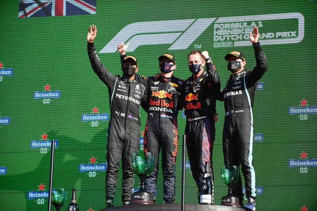 Formula 1 - Dutch Grand Prix - Race Lewis Hamilton of Mercedes-AMG Petronas F1 Team ,Max Verstappen of Red Bull Racing Honda and Valtteri Bottas of Mercedes-AMG Petronas F1 Team on podium after race of Dutch Grand Prix, 13th round of Formula 1 World Championship, WM, Weltmeisterschaft in CM.com Circuit Zandvoort, North Holland, Netherlands, 5 September 2021 Zandvoort North Hollan Netherlands diodato-notitle210905_npD7V  Copyright: xAndreaxDiodatox