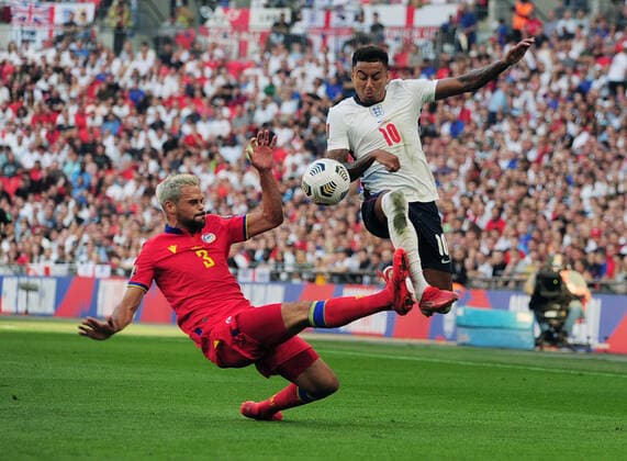 Football - 2022 FIFA World Cup, WM, Weltmeisterschaft, Fussball - European Qualifying - Group I - England vs Andorra - Wembley Stadium - Sunday 5th September 2021 Jesse Lingard of England and Marc Vales of Andorra 