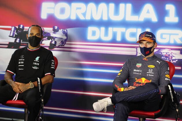 F1 Grand Prix of the Netherlands 44 Lewis Hamilton (GBR, Mercedes-AMG Petronas F1 Team), 33 Max Verstappen (NED, Red Bull Racing), F1 Grand Prix of the Netherlands at Circuit Zandvoort on September 5, 2021 in Zandvoort, Netherlands. (Photo by xpbimages.com XPB Images FIA Pool via HOCH ZWEI) Zandvoort Netherlands Poolfoto HOCH ZWEI Pool XPB Images ,EDITORIAL USE ONLY