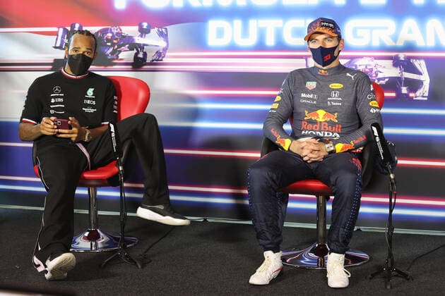 F1 Grand Prix of the Netherlands 44 Lewis Hamilton (GBR, Mercedes-AMG Petronas F1 Team), 33 Max Verstappen (NED, Red Bull Racing), F1 Grand Prix of the Netherlands at Circuit Zandvoort on September 5, 2021 in Zandvoort, Netherlands. (Photo by xpbimages.com XPB Images FIA Pool via HOCH ZWEI) Zandvoort Netherlands Poolfoto HOCH ZWEI Pool XPB Images ,EDITORIAL USE ONLY