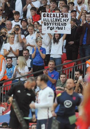Football - 2022 FIFA World Cup, WM, Weltmeisterschaft, Fussball - European Qualifying - Group I - England vs Andorra - Wembley Stadium - Sunday 5th September 2021 An England fan holds up a placard to Jack Grealish, saying ˜I will leave my boyfriend for you™ 