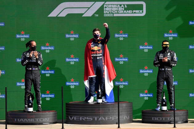 VERSTAPPEN Max F1 Team Red Bull Racing at the presentation ceremony with HAMILTON LEWIS and BOTTAS Vatteri F1 Formula one GP of Netherlands 2021 Circuit Park Zandvoort on 05 September 2021