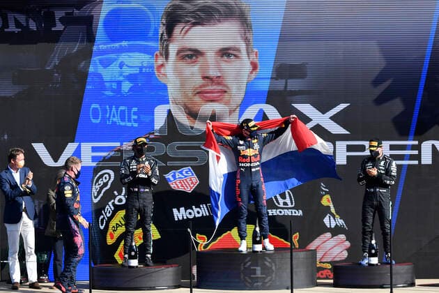 VERSTAPPEN Max F1 Team Red Bull Racing at the presentation ceremony with HAMILTON LEWIS and BOTTAS Vatteri F1 Formula one GP of Netherlands 2021 Circuit Park Zandvoort on 05 September 2021
