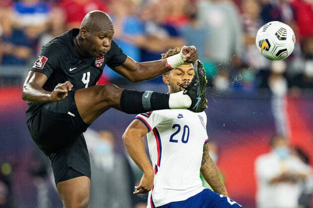 Canada defender Kamal Miller (4) clears the ball away from United States forward Konrad de la Fuente (20) during the FIFA World Cup, WM, Weltmeisterschaft, Fussball Qualifier International Soccer match between Canada and the United States at Nissan Stadium on September 5, 2021 in Nashville, TN. CSM Nashville United States of America - ZUMAc04_ 20210905_zaf_c04_050 Copyright: xJacobxKupfermanx