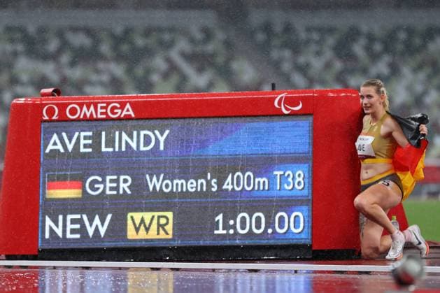 Gold medalist AVE Lindy (GER) celebrates in the Athletics -Women s 400m - T38 Final during the Tokyo 2020 Paralympic Games on September 4, 2021 at the Olympic Stadium in Tokyo, Japan. Noxthirdxpartyxsales  (168715682)