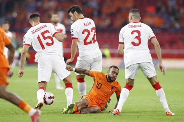 AMSTERDAM, 07-09-2021, JohanCruyff Arena, World Cup Qualifier between The Netherlands and Turkey. Turkey player Ozan Kabak Turkey player Kaan Ayhan Netherlands player Memphis Depay Turkey player Merih Demiral Netherlands - Turkey  x13346712x Copyright: