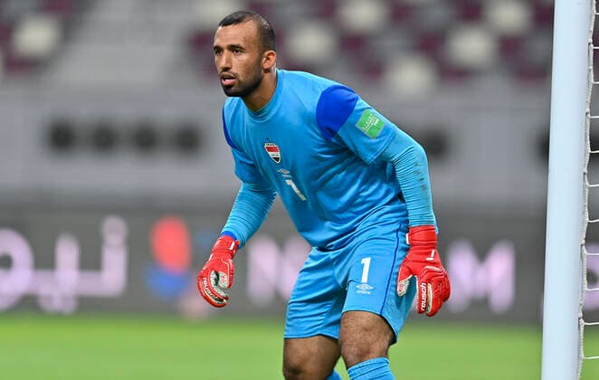 (210908) -- DOHA, Sept. 8, 2021 -- Goalkeeper Fahad Talib Raheem of Iraq reacts during the FIFA World Cup, WM, Weltmeisterschaft, Fussball qualifier match between Iran and Iraq in Doha, Qatar, Sept. 7, 2021. (Photo by Xinhua) (SP)QATAR-DOHA-FOOTBALL-2022 FIFA WORLD CUP QUALIFIER-IRAN VS IRAQ Nikku 