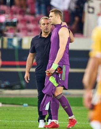 DFB headcoach Hansi Flick , Bundestrainer, Nationaltrainer, Manuel NEUER, DFB 1 goalkeeper, after the match GERMANY - ARMENIA 6-0 Qualification for World Championships 2022, WM Quali, Season 2021 2022, Sept 5, 2021 in Stuttgart, Germany. (Armenien)