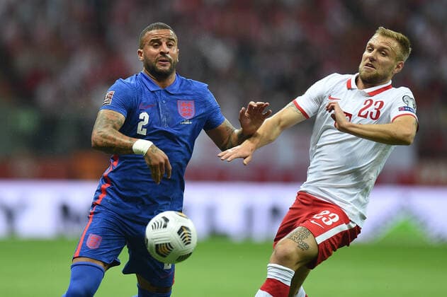 2021.09.08 Warszawa Pilka nozna, Reprezentacja, Eliminacje Mistrzostw Swiata Katar 2022 Polska - Anglia N z Kyle Walker Tymoteus Puchacz Foto Rafal Rusek PressFocus 2021.09.08 Warsaw Football, world cup qualification qatar 2022 Poland - England Kyle Walker Tymoteus Puchacz Credit: Rafal Rusek PressFocus NEWSPIX.PL --- Newspix.pl  20210908PF_RR0088